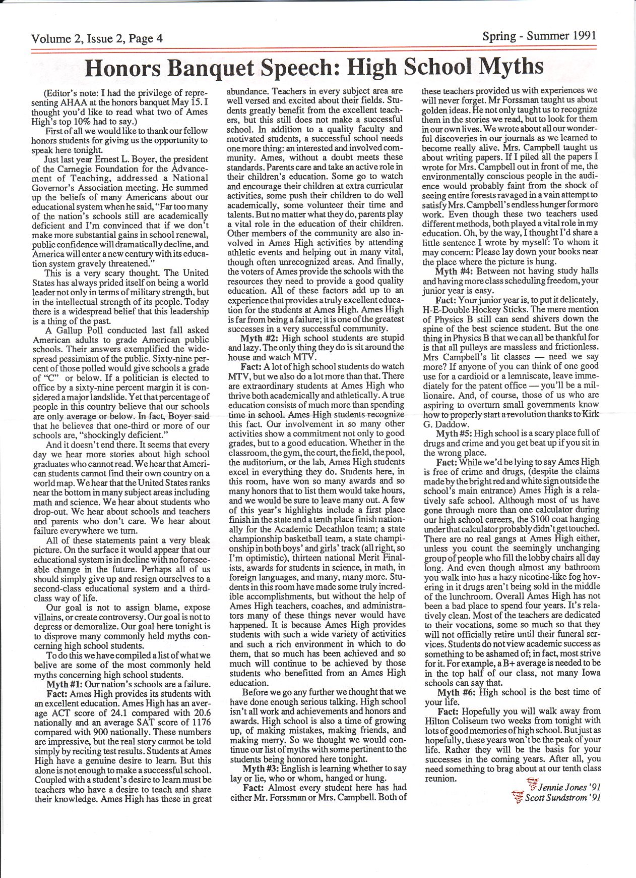 1991 page 4 Ames High School Alumni Assoc. spring-summer newsletter volume 2 issue 2